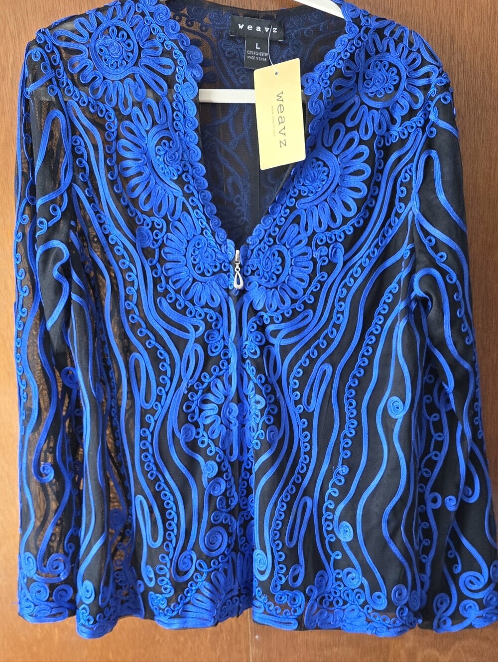 Weavz Black Sheer Tunic with Vibrant Blue Embroidered Appliqué